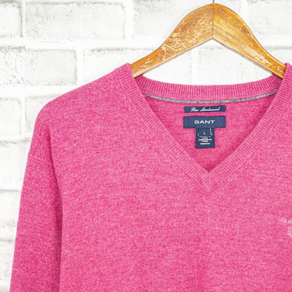 GANT Size Large Fine Lambswool Vneck Pullover Sweater in Pink Knit - Picture 4 of 7